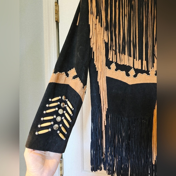 3B West vintage Fringe leather jacket Bone Bead Studs DD Western Wear Size Large - Picture 10 of 13